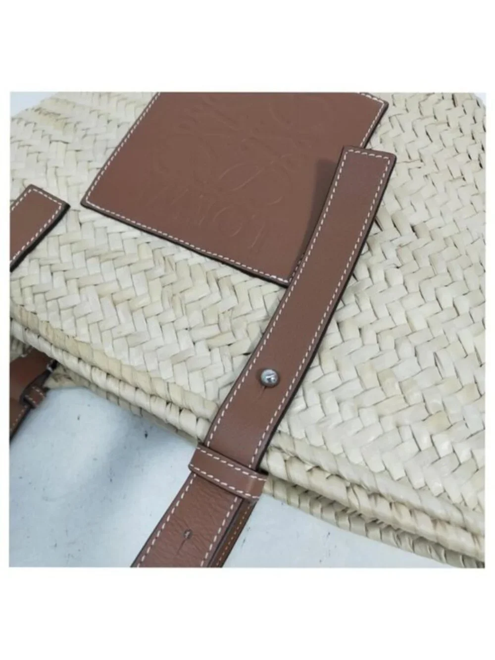Authentic Loewe Large Basket Palm Leaf Leather Tote Bag